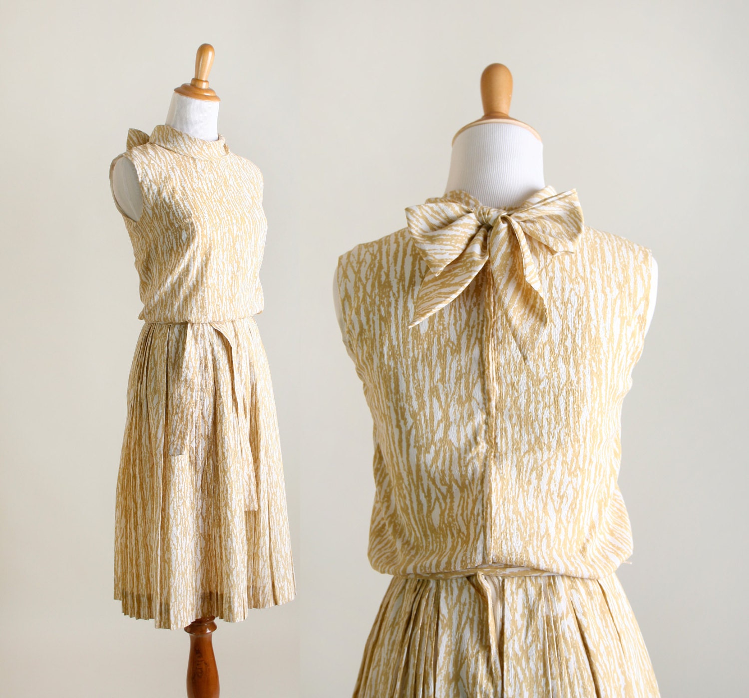 Vintage 1960s Dress - Mustard Yellow and White Faux Bois Print Dress - Small