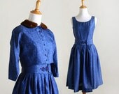 Vintage 1950s Dress and Coat - Fur Collar Sapphire Blue Jonathan Logan Set - Small