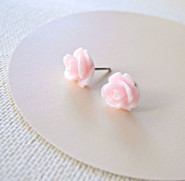 Pink Rose Earring Studs - Floral Jewelry - Pastel Jewelry - Pastel Pink Flower Earring Posts