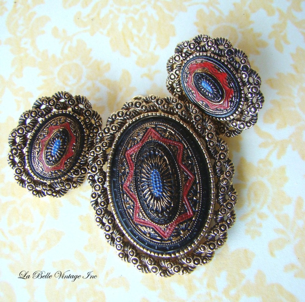 Vintage Earrings Brooch Pendant - Sarah Cov Light of the East - Hand Painted Medallion