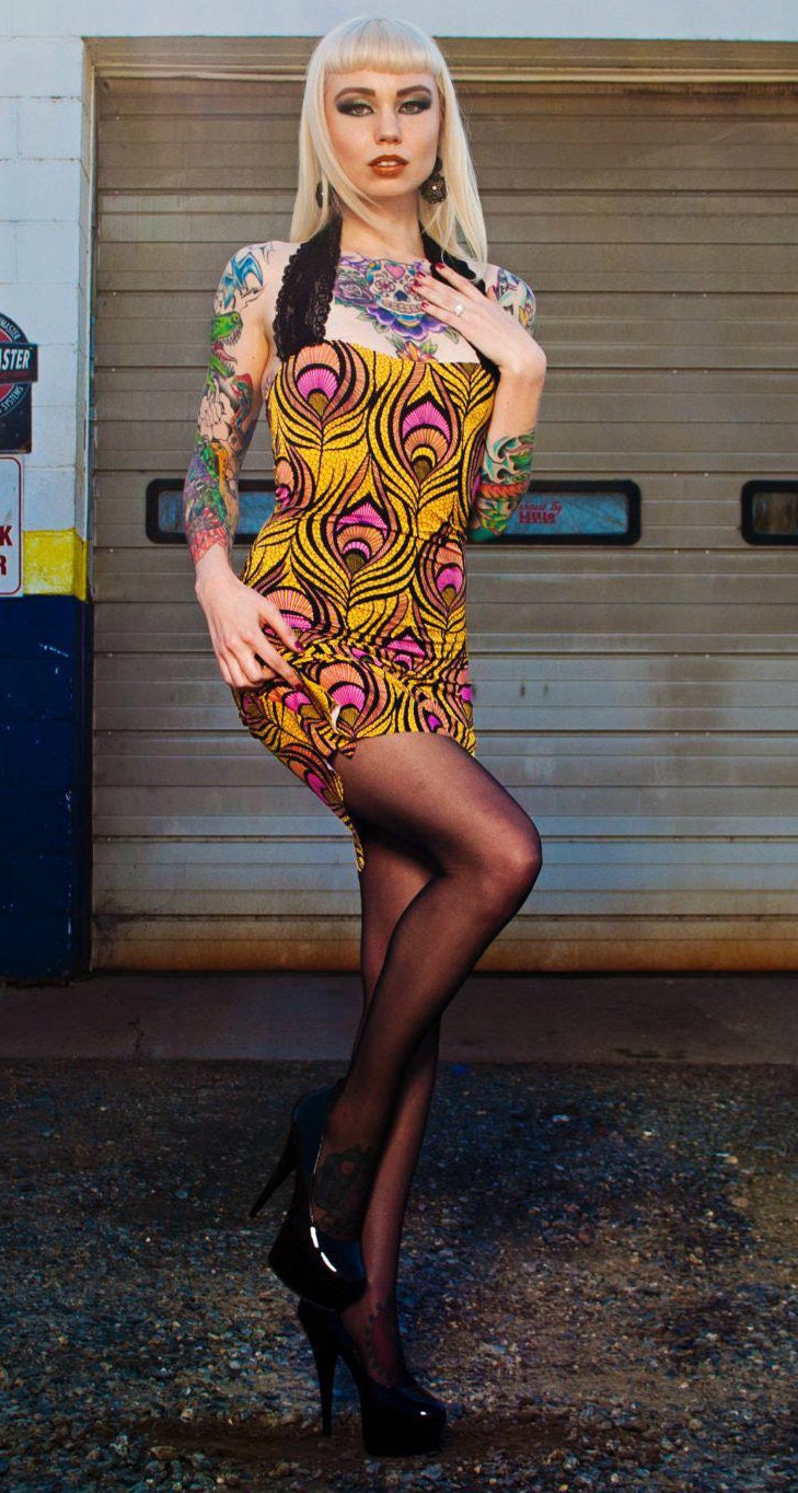 Deco Peacock Feather Dress with Black Lace Halter Custom Made to Fit
