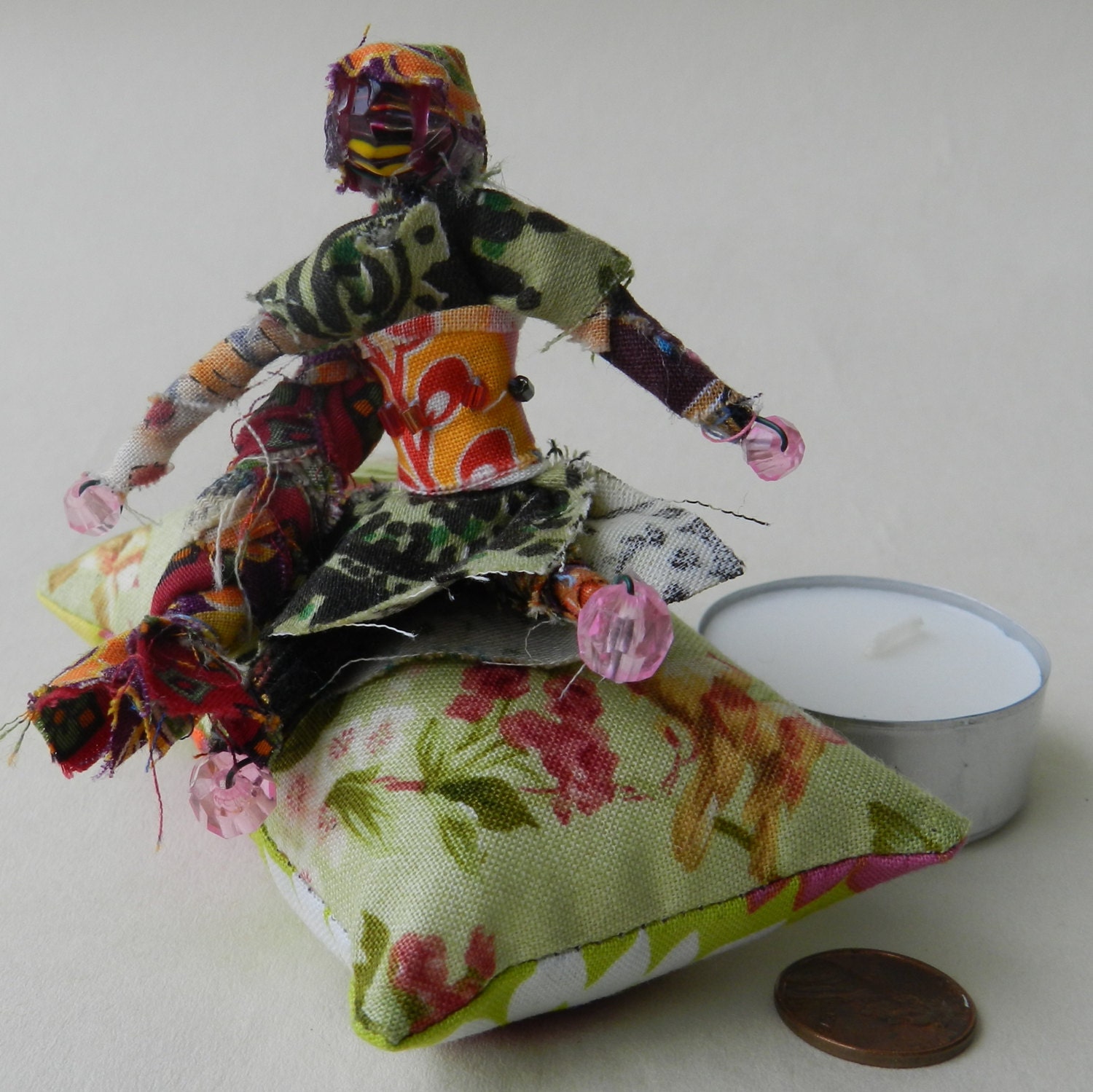 Vintage Green Print Wish Doll with Pink Beads and Indian Musk Fragrant Pillow Sachet