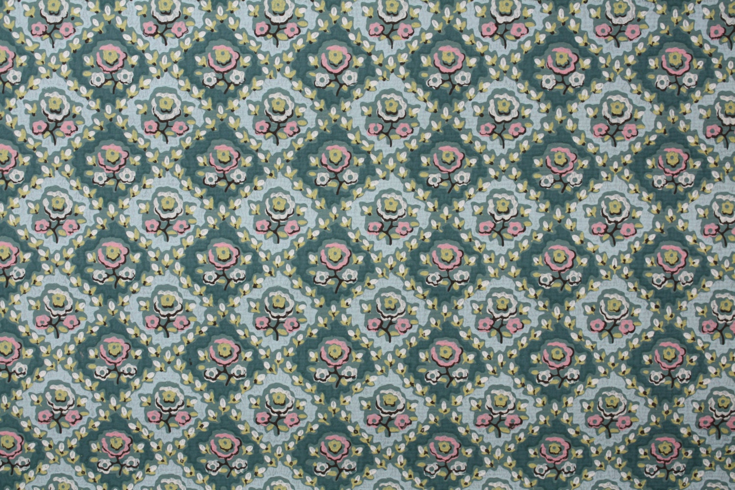 1940's Vintage Wallpaper tiny pink and white flowers on teal and blue geometric