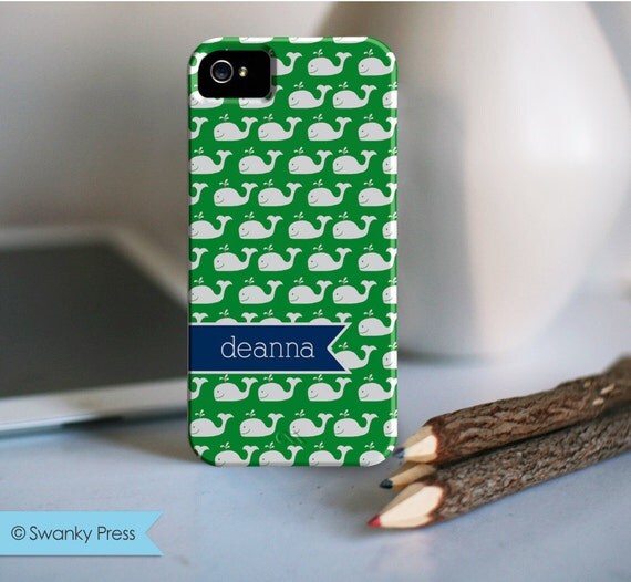 iPhone 5 Nautical Whale iPhone Case - Green and White Whales with Navy Banner Il_570xn