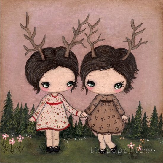 Deer Print Sisters Antlers Girl Animal Wall Art 8 x 8---Deer Sisters