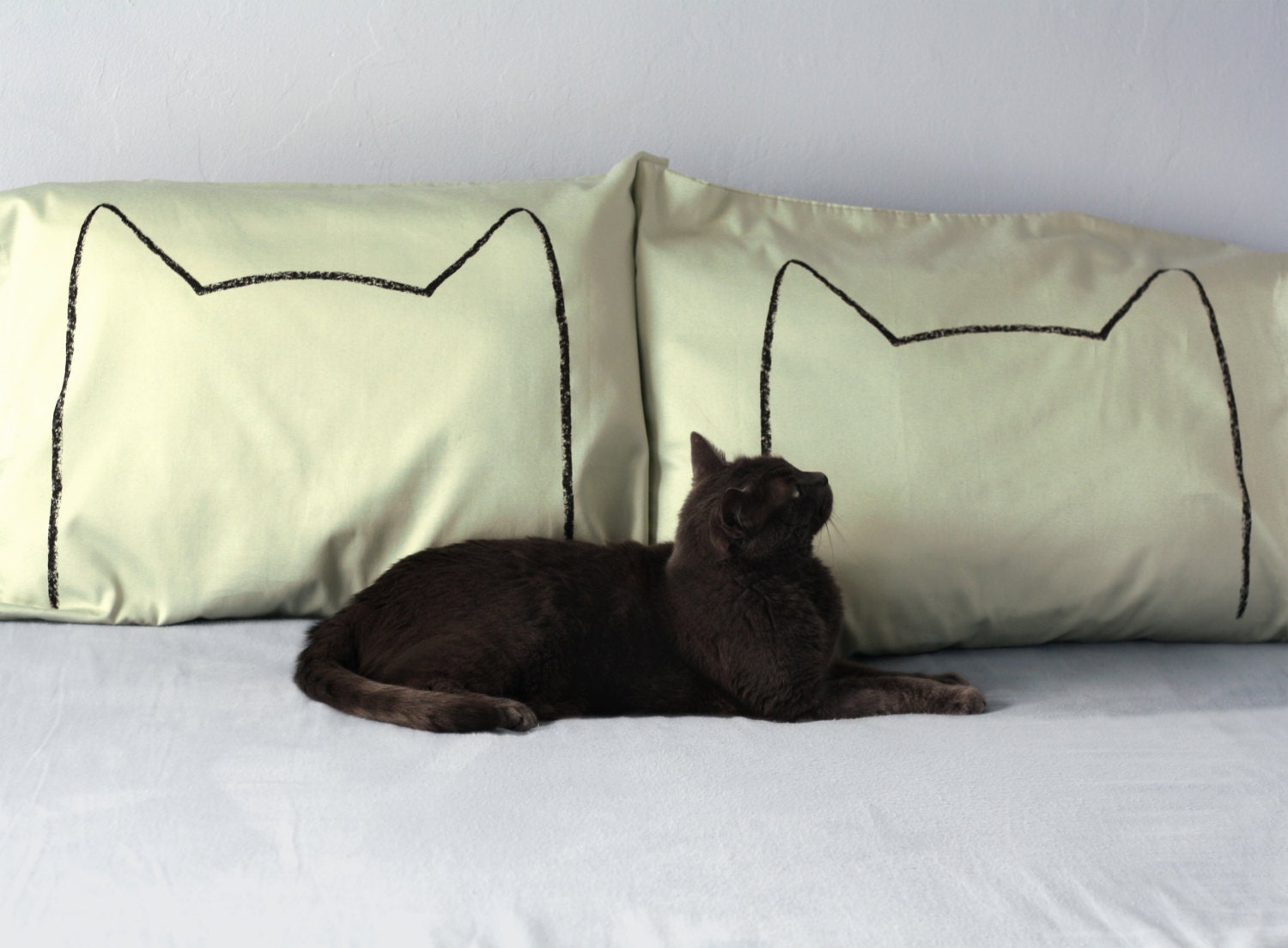 Green Tea Cat Nap Pillow case Set : 300TC, home decor, bedding, gift for couples, minimalist decor