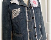 Prarire Gypsy Cowgirl boho demin upcycled jean jacket Vintage Lace and Crochet ECS size 12-14 misses