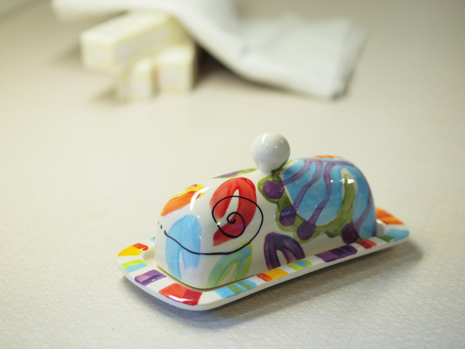 Butter Dish - Jubilation Butter Dish -  Colorful Pottery Spring Summer Serving Bright Fresh Floral Home Decor Gift  J-312W