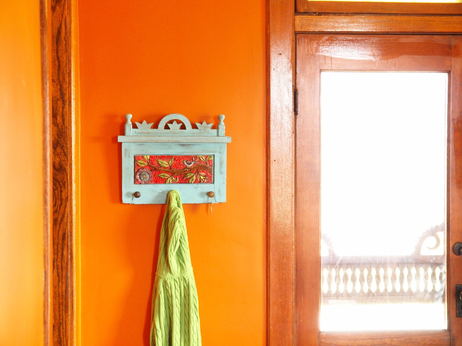 Bird on Branch Wall Hanger -Reclaimed Gingerbread Trim & Door Panel Mosaic Tile Vintage Hardware -Wall Organizer - Eco-Friendly Decor