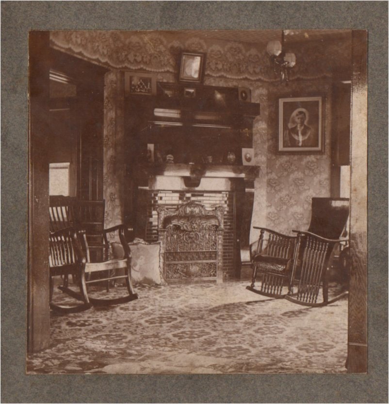 ANTIQUE INTERIOR PHOTO - Victorian Parlor with Morris Chairs and  Cast Iron Fireplace - great retro vintage interior cab card