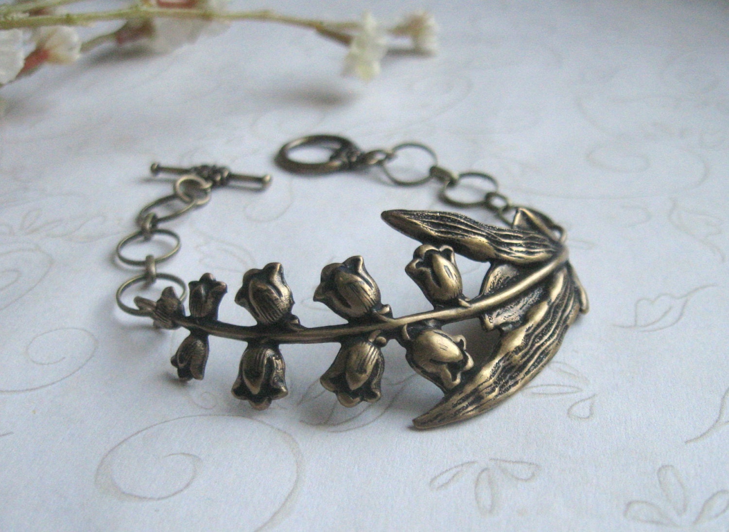 Lily of the valley flower bracelet, brass - nature jewelry, woodland