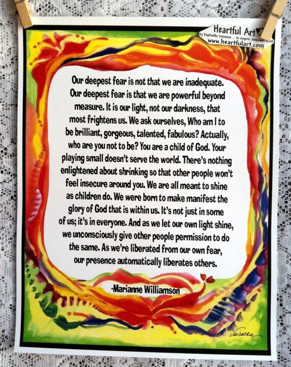 OUR DEEPEST FEAR 11x14 Poster Marianne Williamson Meditation Quote Spiritual Words Heartful Art by Raphaella Vaisseau