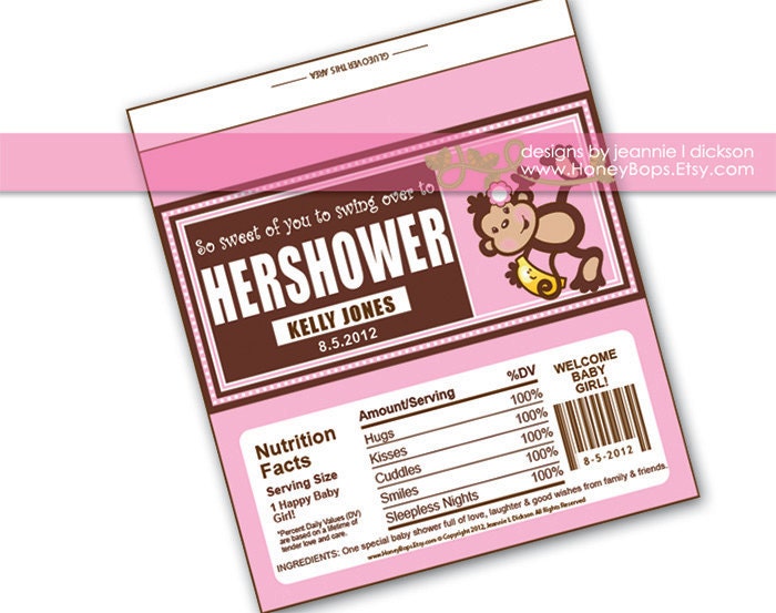 Candy Bar Wrapper Printable Custom Pink Monkey Birthday, Baby Shower, or Announcement DIY- PDF file