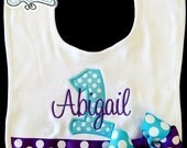 Personalized Bib for baby girls toddler- Initial Number Applique Custom design- Purple and Turquoise Polka Dot Bow