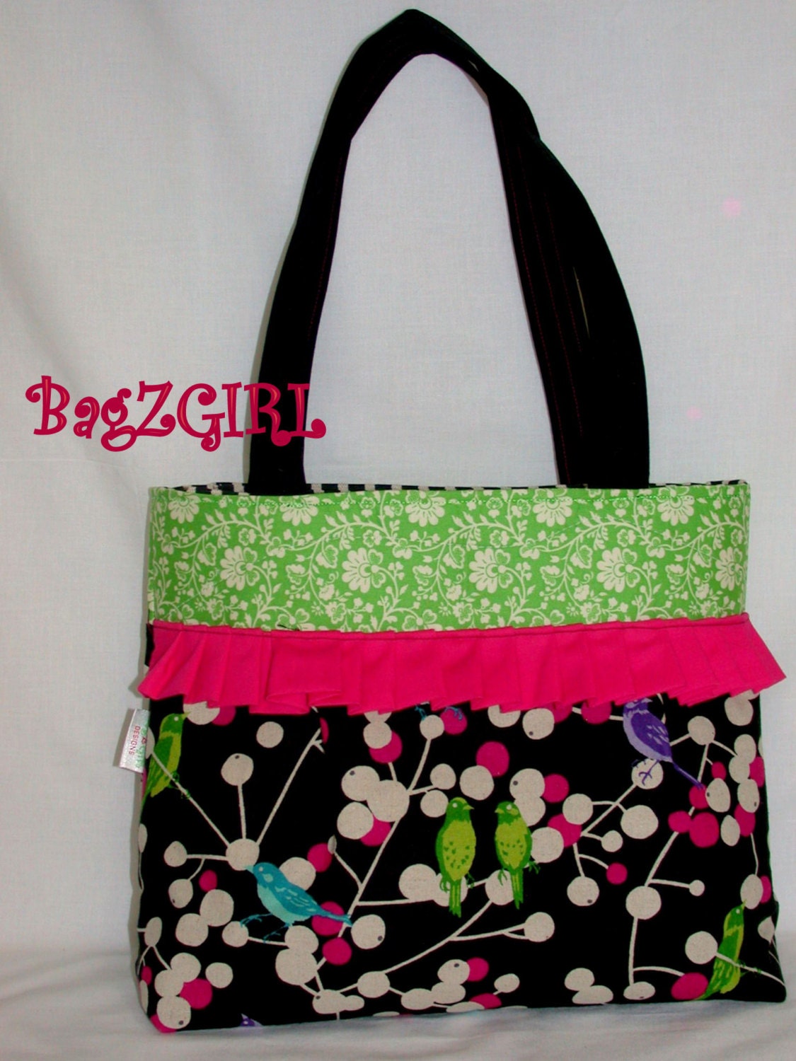 Echino Birds -Green -Black-Cherries-Shoulder Handbag/Tote/Purse/ipad bag-Camera bag-Etsuko Furuya-BagZGirl