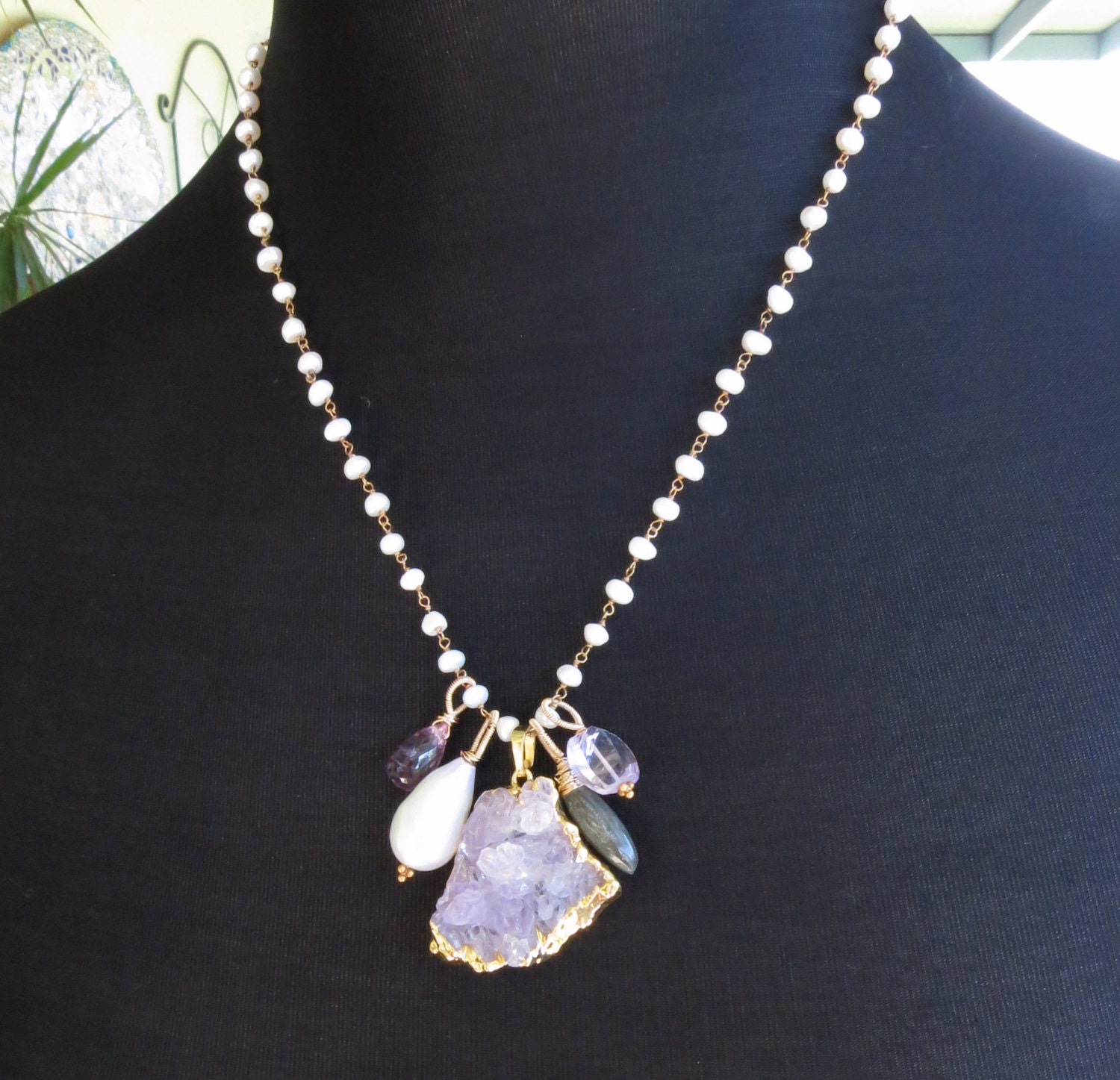 Amethyst cluster, baroque pearl necklace statement labradorite 14k gold fill elegant gemstone jewelry mermaid garden --Siren's Delight--