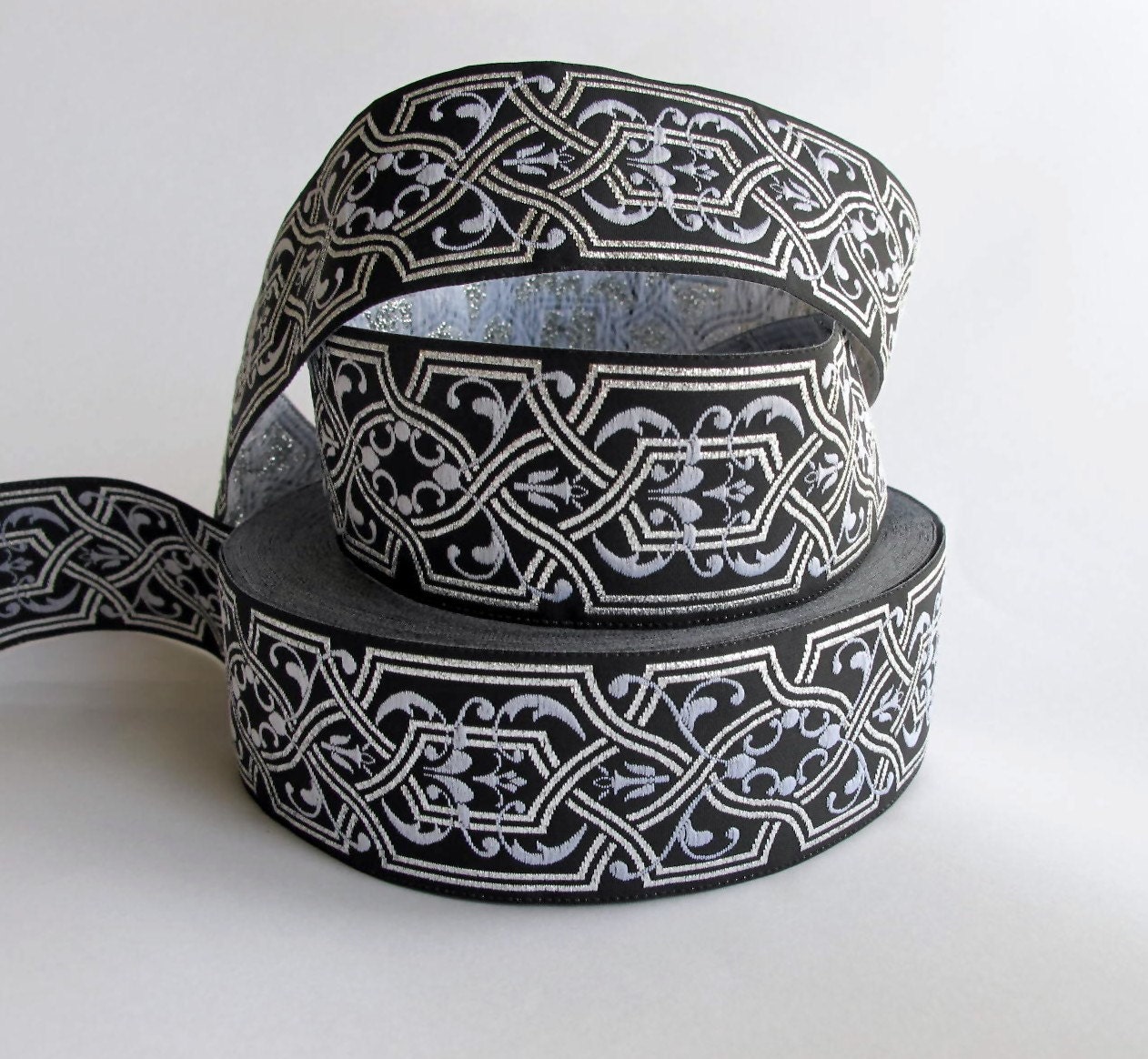 3 yards SULEIMAN Jacquard trim. Silver, white on black. 1 1/2 inch wide.  800-H
