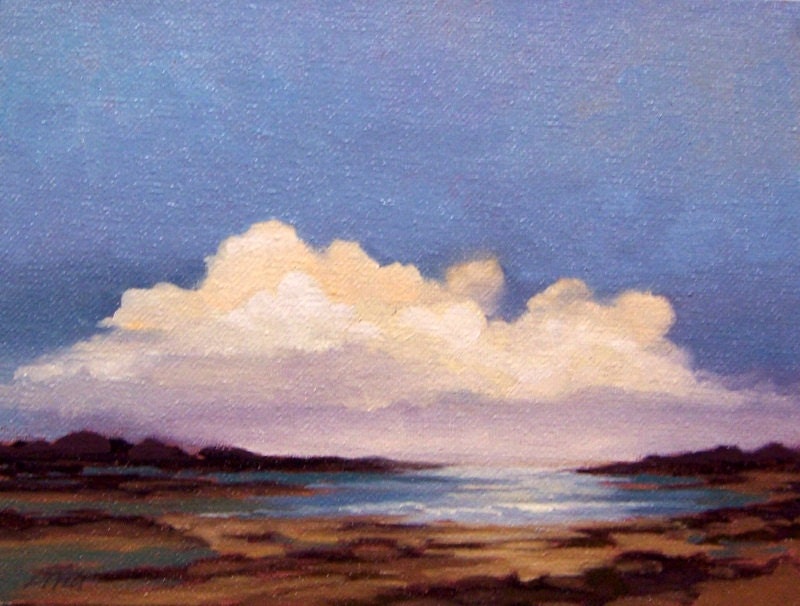 oil painting landscape original oil, 100% charity donation, "INLET" original painting  6"x8" canvas panel, sky, clouds, ocean