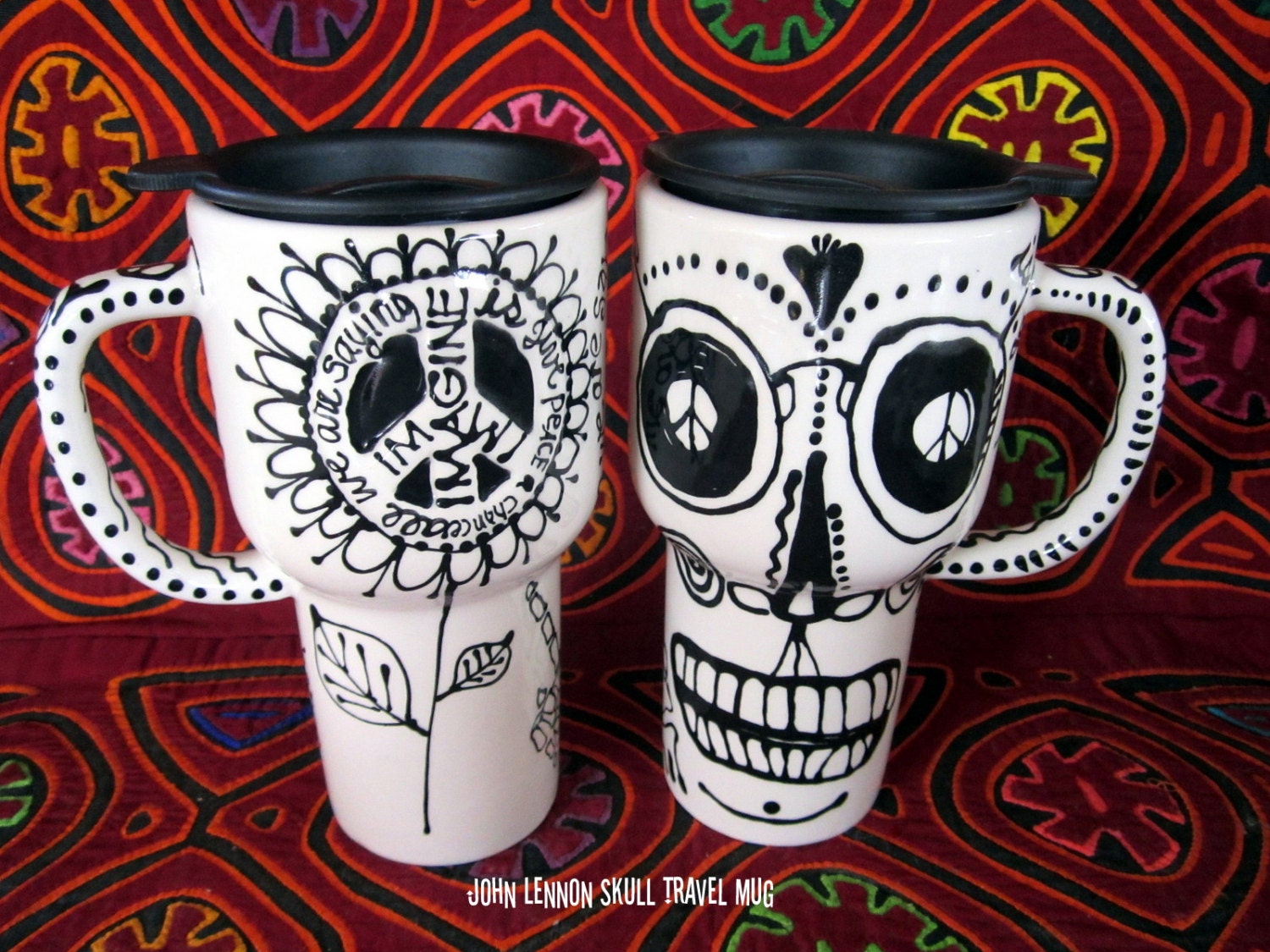 Imagine John Lennon Skull 16 oz Ceramic Travel Mug Handpainted Design for Day of the Dead and Beyond