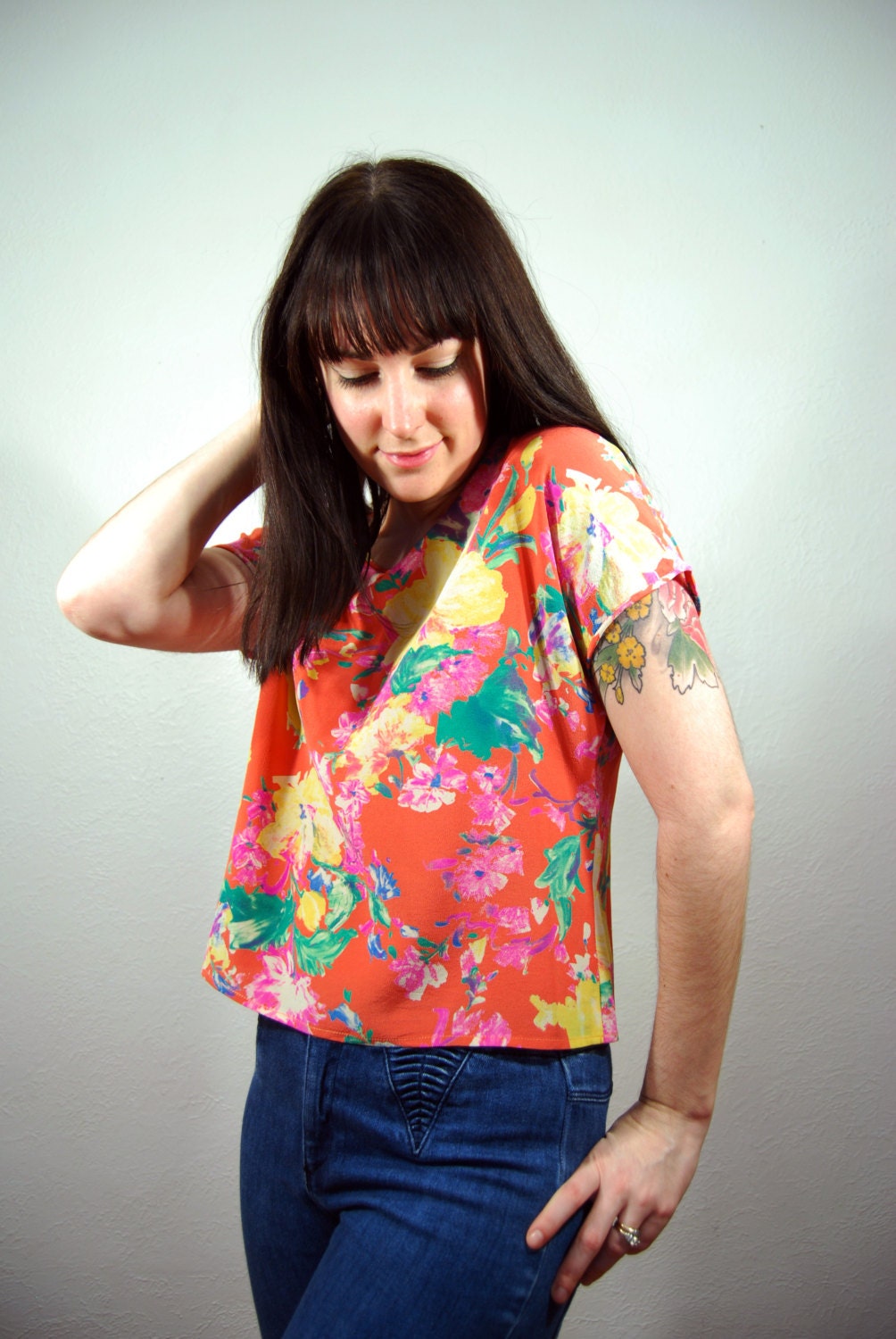 vintage 1980s / floral / silk / pink / over size / cropped blouse / ungaro / S-M