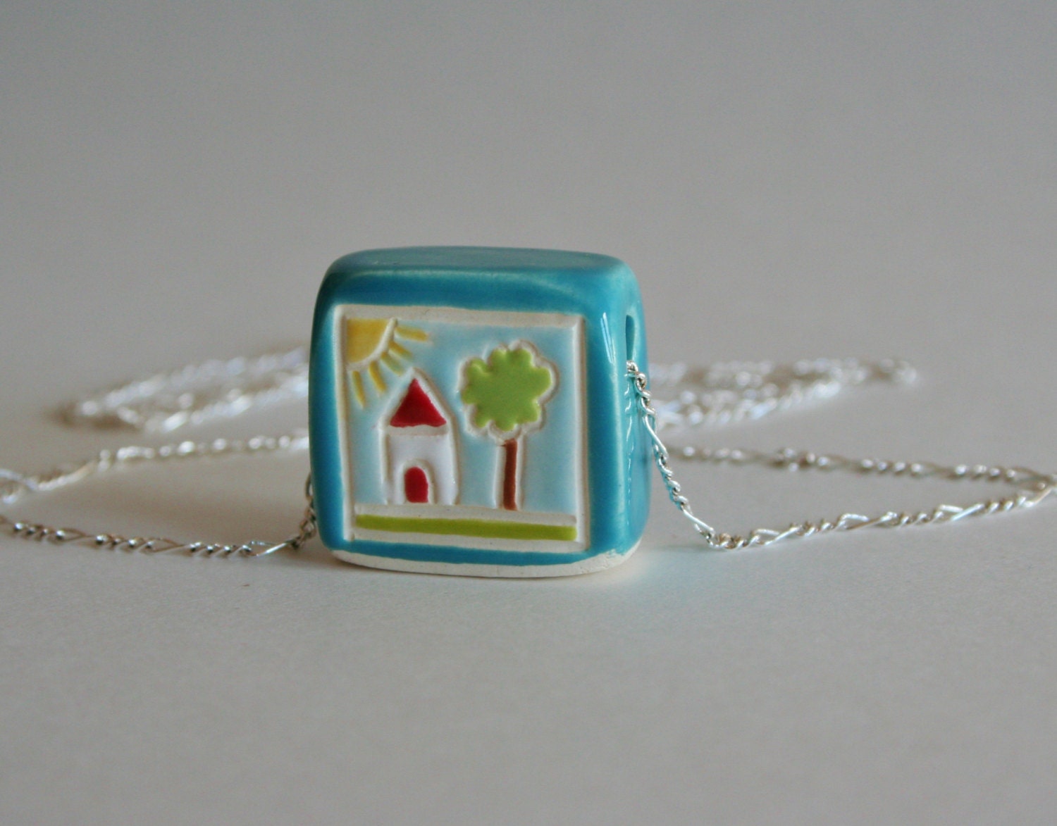 Sterling Necklace Little House Scenery Ceramic Pendant  Home Wearable Art Jewelry