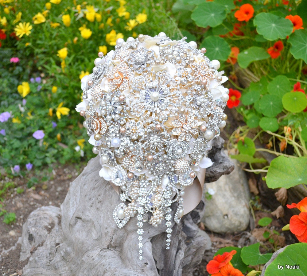 Champagne pearl and gold cascading brooch bouquet -- deposit on a made-to-order wedding bouquet