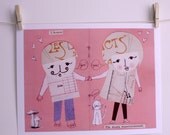 Pink couple in love - Paper Collage - Paper doll - Print
