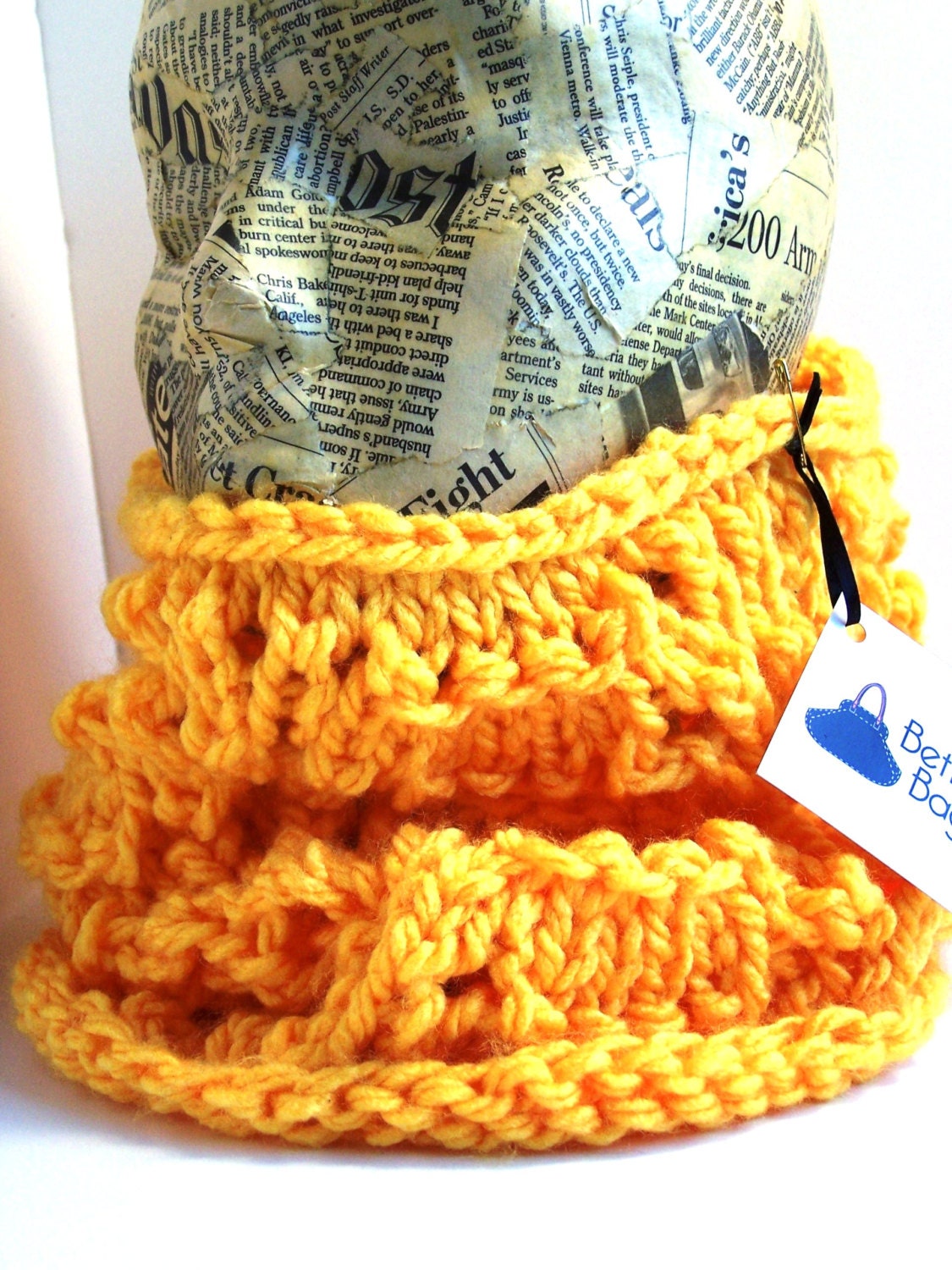 Yellow Bulky Knit Feather and Fan Cowl