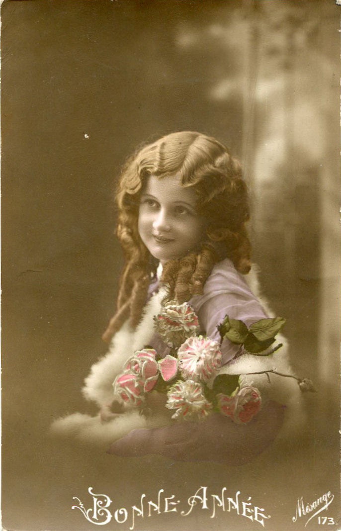 Original French vintage hand tinted real photo postcard - Girl with bouquet of roses - Victorian Paper Ephemera
