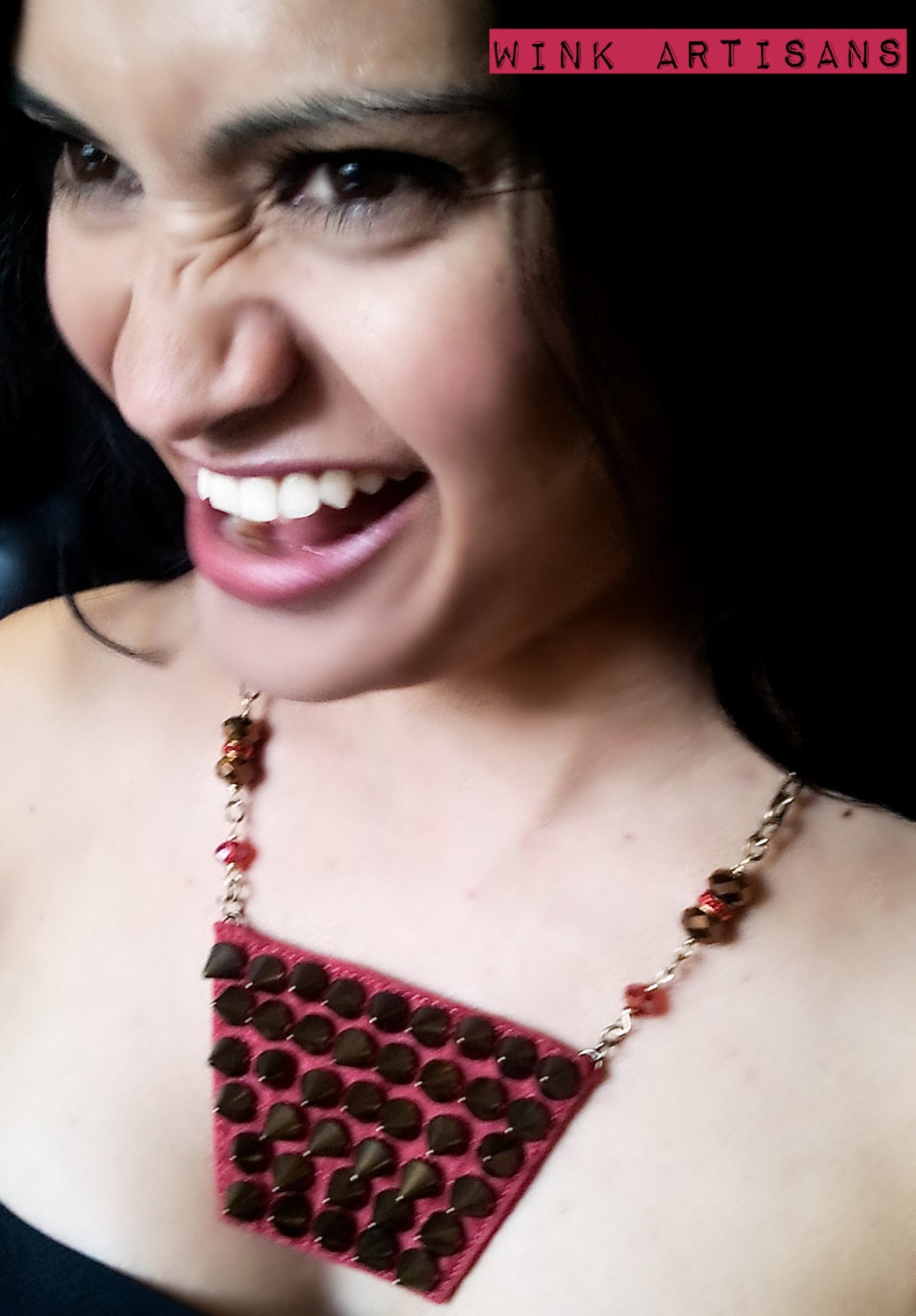 Red Spike Felt Statement Necklace - OOAK
