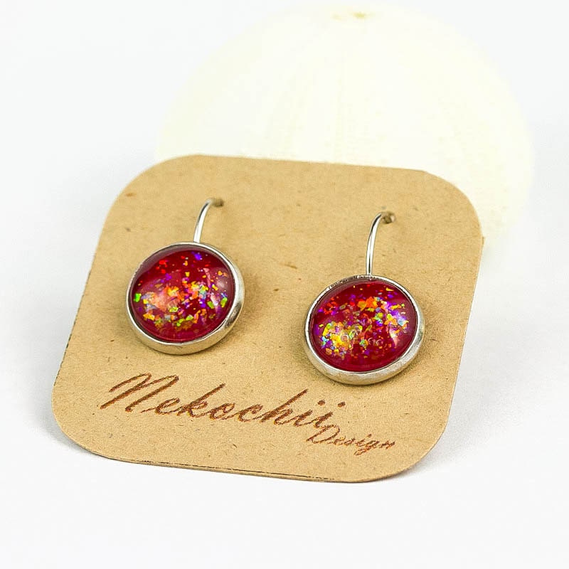 Firey intense red shatter glitter on silver lever back earrings