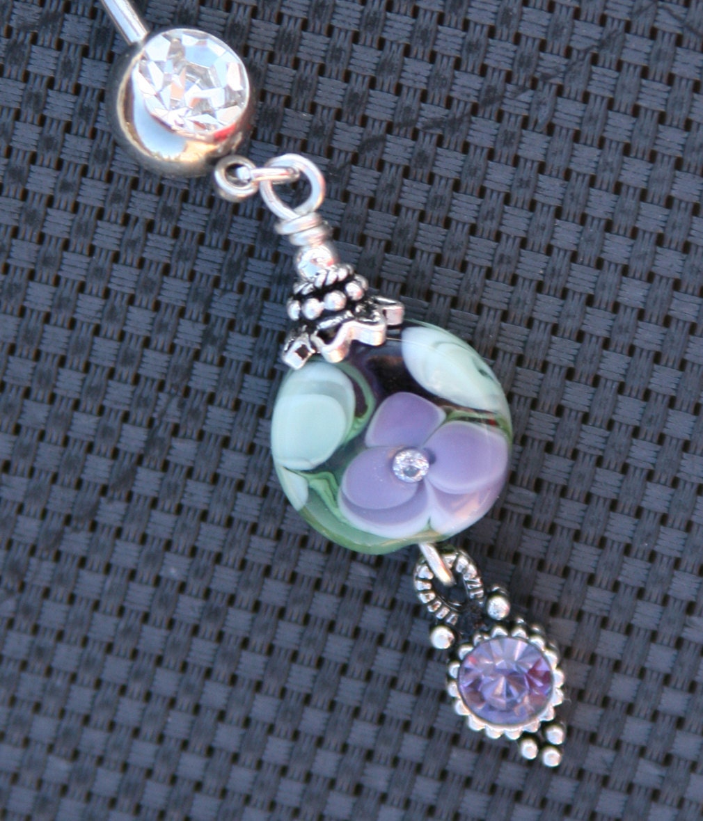 Lilic Purple N Green Ornate Lampwork Style Floral Bead with CZ Inset DeSIGNeR Belly Button Ring Classy Elegant Royal Sexy