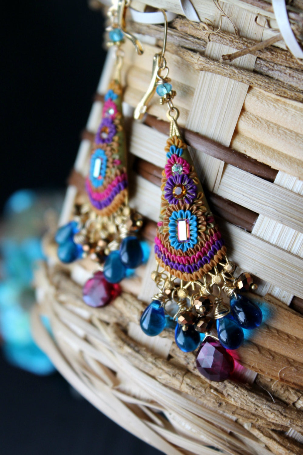 Deep Purple Pink Hydroquartz, Capri blue czech glass, vintage brass gold earrings with clay details - From the Shores of Lake Petén Itzá