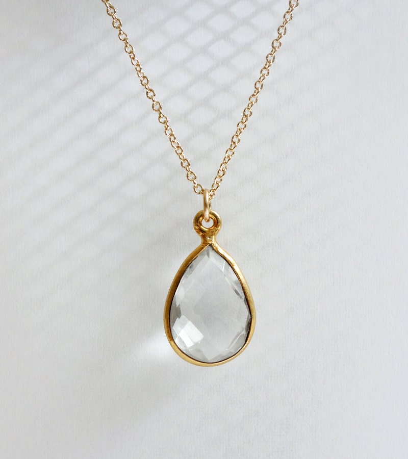 Clear Crystal Quartz Necklace / Gold Teardrop Pendant Necklace / April Birthstone / Simple Gold Jewelry