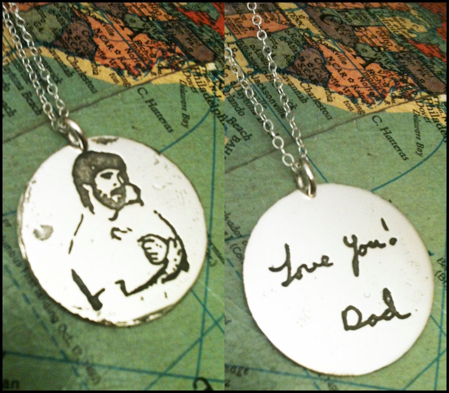 Upgrade to Double Sided Handwriting Pendant Necklace or Charm, Circle Shape, featuring Your Own Handwriting, Drawing, footprint or baby name