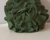 Small Ruffle Rose Pillow in Woodland Green. Eco friendly recycled materials.