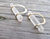 Raw Quartz Drop Earrings Quartz Crystal Points Small Brass Hoops Rustic Jewelry DanielleRoseBean Brass Drop Earrings