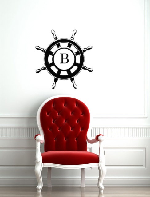 Ship Wheel Monogram cottage Chic Beach Home decor vinyl wall art with personalized initial letter
