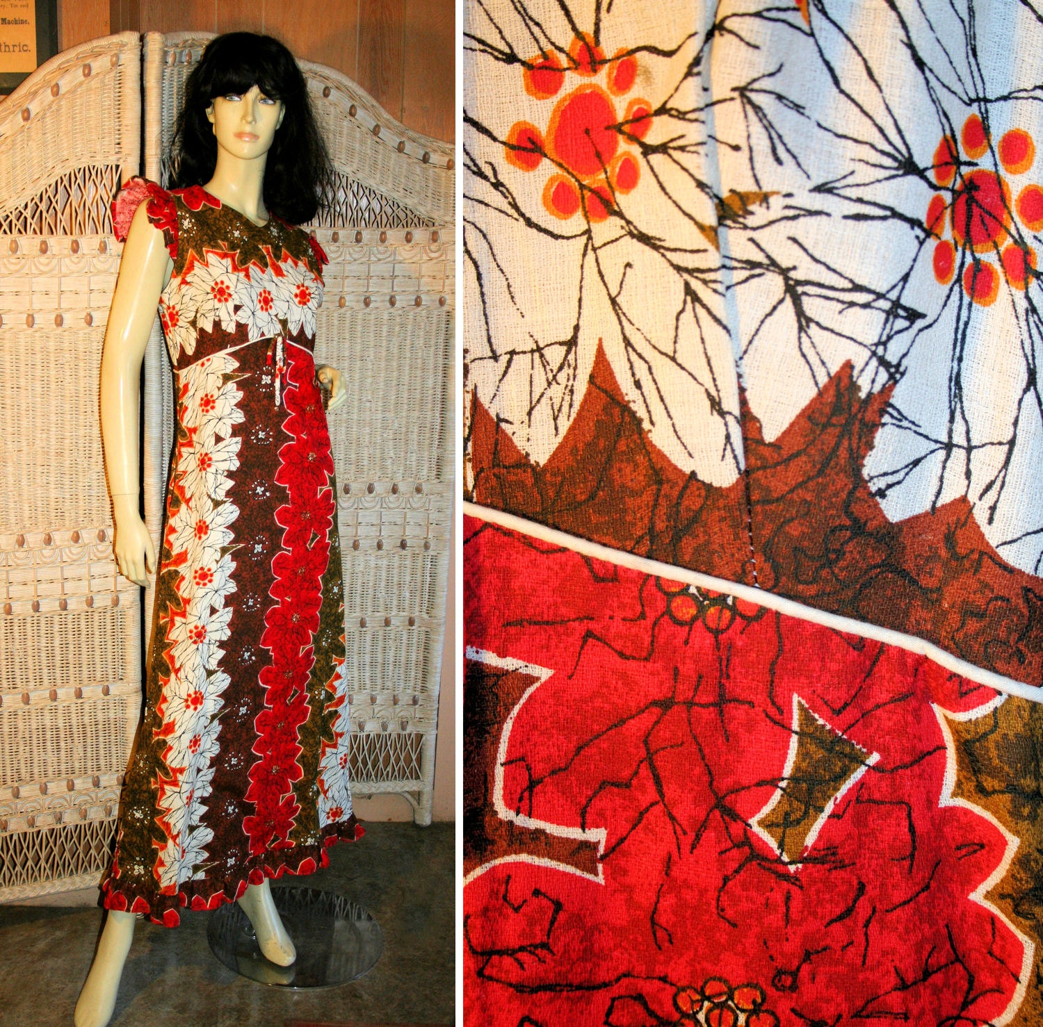 60s Tiki Maxi Dress NOS Cotton Barkcloth Hawaiian Mod Red Brown Floral Tiffany Dress M