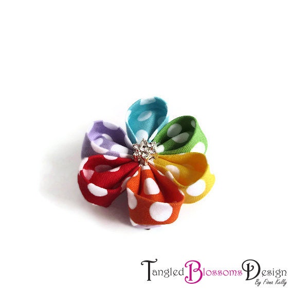 Rainbow Dot Diamante Kanzashi Flower Hair Clip No Slip Girl Chic Style Red Orange Yellow Green Blue Lilac Riley Blake Designer Fabric