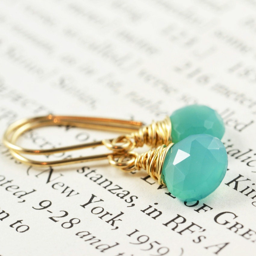 Aqua Chalcedony Earrings, Gold Dangle Earrings, Teal Earrings, Mint Earrings
