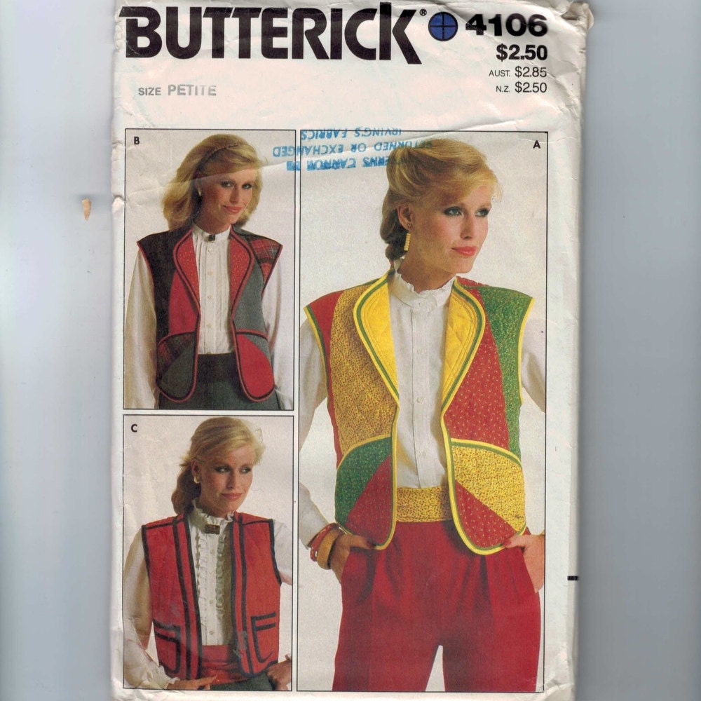 1980s Vintage Sewing Pattern Butterick 4106 Misses Quilted Patchwork Vest Size Petite 6 Bust 30 31 80s UNCUT