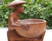 VINTAGE wood bowl from Philippines, hand carved solid wood, ash tray, cigar tray, carved from one piece of wood