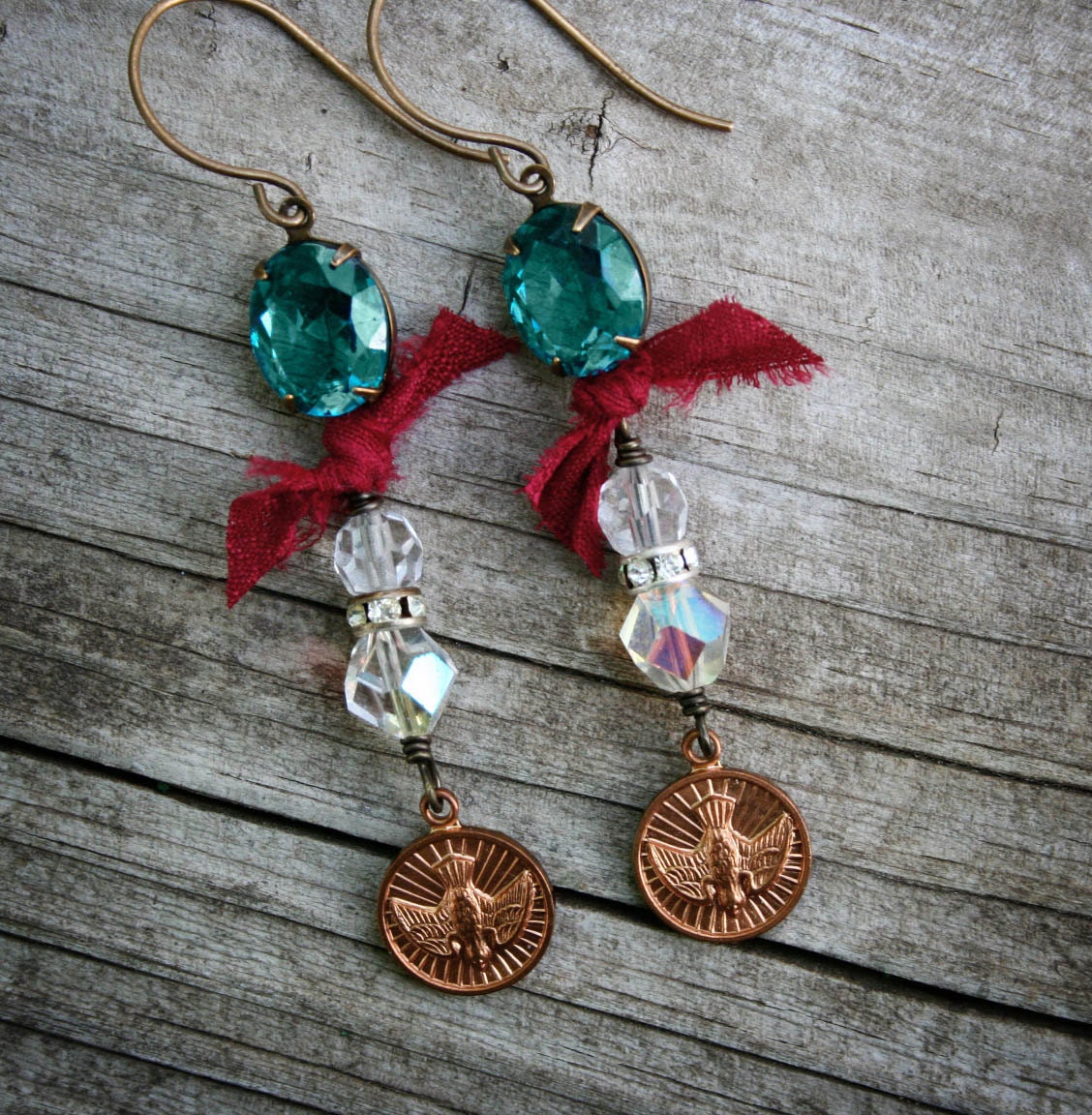Eleanora Earrings - Emerald Crystals, Red Silk, Swarovski Crystal and Bird Charms