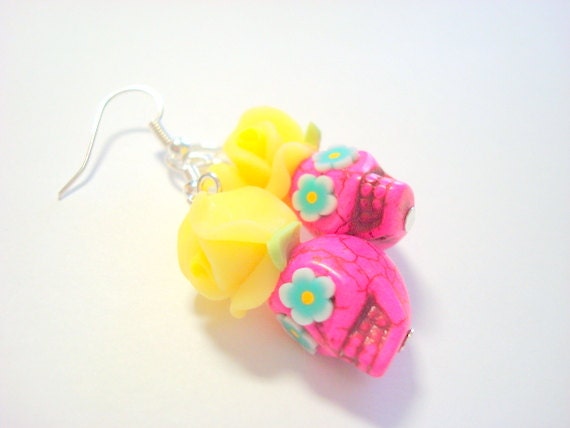 Skull Earrings Bright Pink and Yellow Day of the Dead Sugar Skulls