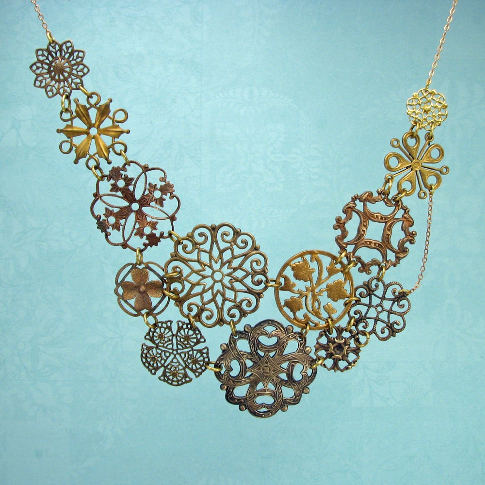 statement necklace - filigree necklace - wedding necklace - bride necklace - filigree circles and flowers - eclectic, bohemian