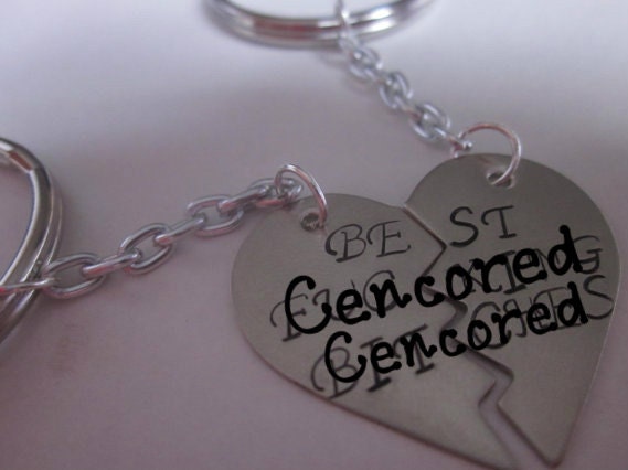 Best F%cking Friends Mature Content Set of Two Personalized Keyring Key Chain handstamped onto copper or silver half hearts BFF best b&tches