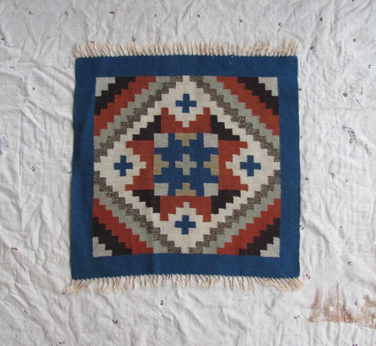 vintage woven wool wall hanging, table runner, throw rug // plant dyed, natural indigo