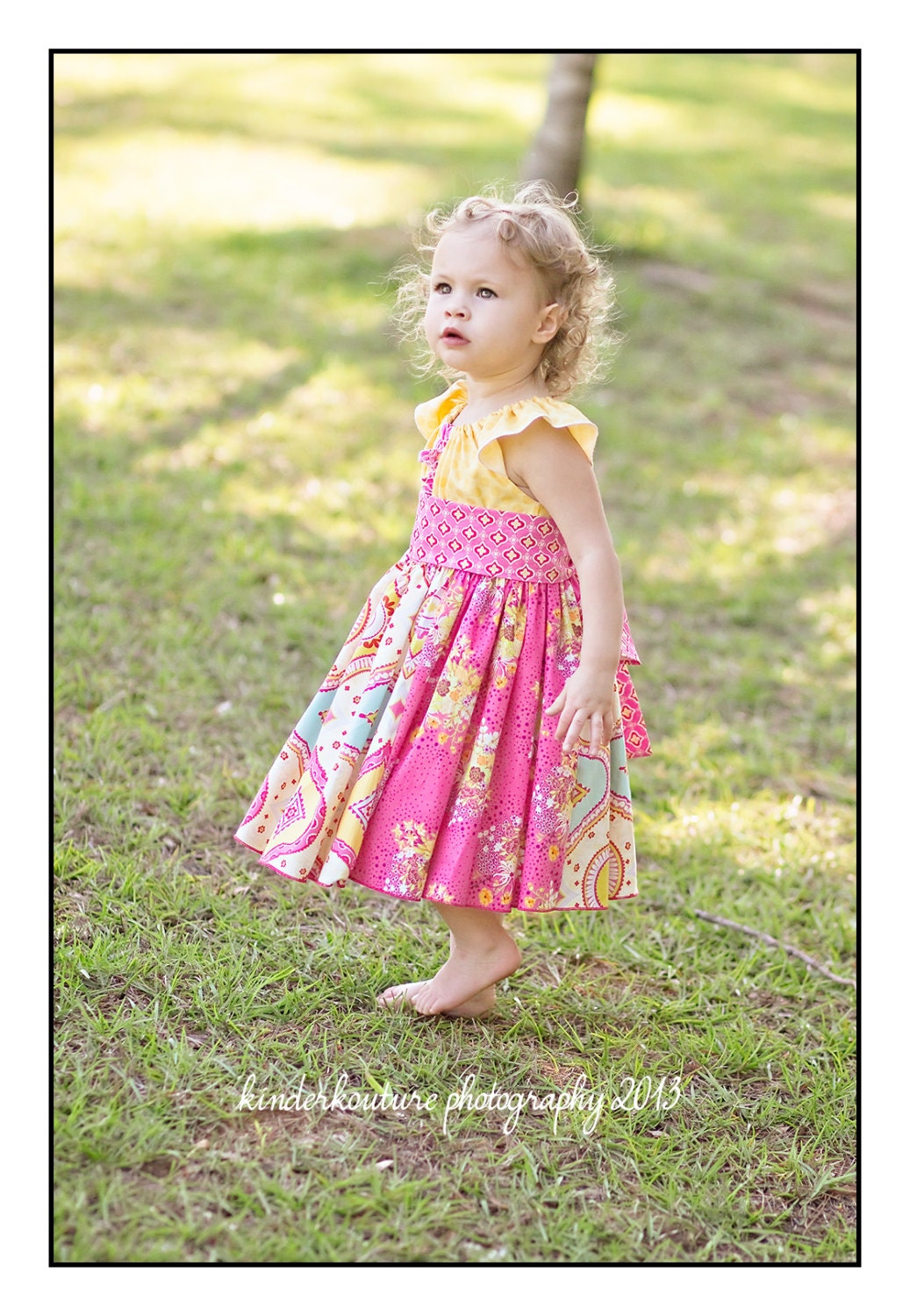 Trixie Dress - Girls summer peasant style flutter sleeve pink and yellow dress