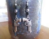 Purple and Black Silver Pistol Earrings Dangle Revolver Gun Jewelry